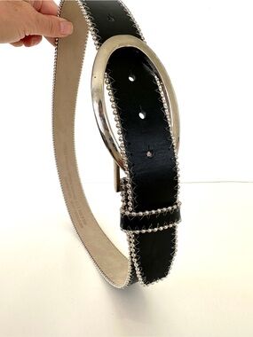 Guess Classic Black Faux Leather Oval Buckle Belt, with Silver Bead Trim
